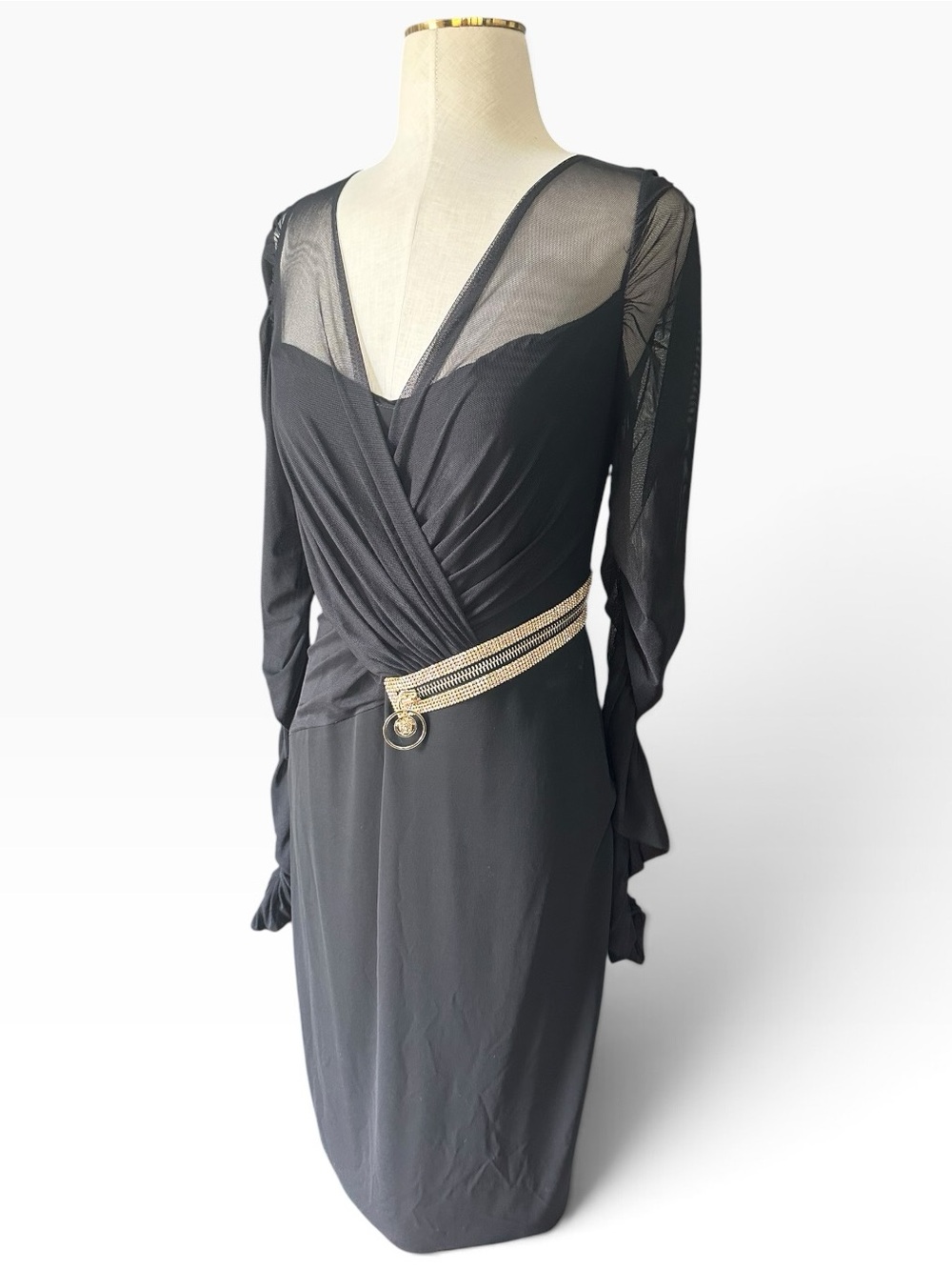 Versace Black Sheer Mesh Medusa Crystal Zip Draped Midi Dress IT 44/US 8 - Picture 3 of 13